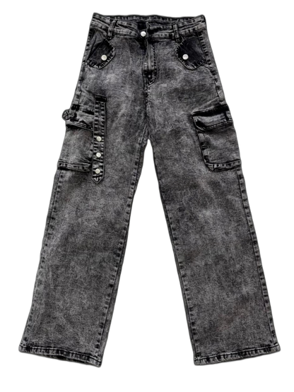 Vintage Acid-Wash Wide-Leg Cargo Jeans