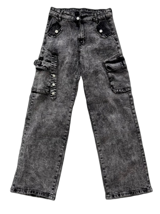 Vintage Acid-Wash Wide-Leg Cargo Jeans